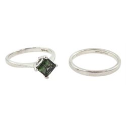 Platinum single stone square cut green tourmaline ring and a platinum wedding band, both hallmarked