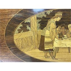 Late 19th/early 20th century mahogany and marquetry inlaid tray, of oval form with twin scrolled handles and moulded border, the central panel inlaid with figures seated at a table drinking tea, L99cm