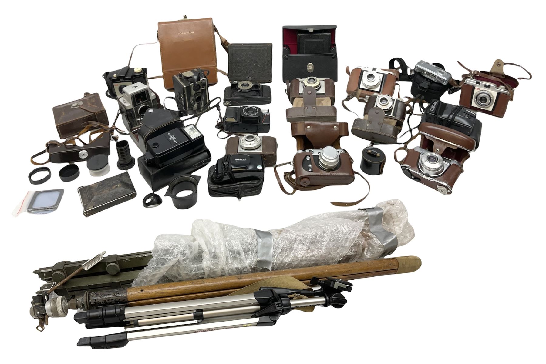 Cameras and camera equipment, including Kodak Retinette 1A, Polaroid J33 land camera, Kodak Colour snap 35, Agfa Isola I, three tripods etc,  