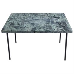 Small green marble topped occasional table, the rectangular top with dark veining raised o...