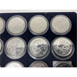 Twenty-four Queen Elizabeth II Britannia one ounce fine silver two pound coins, dated 1998, 1999, 2000, 2001, 2002, 2003, 2004, 2005, 2006, 2007, 2008, 2009, 2010, 2011, 2012, 2013, two 2014, 2015, 2016, 2017, 2018, 2019 and 2020 (24), housed on a coin tray