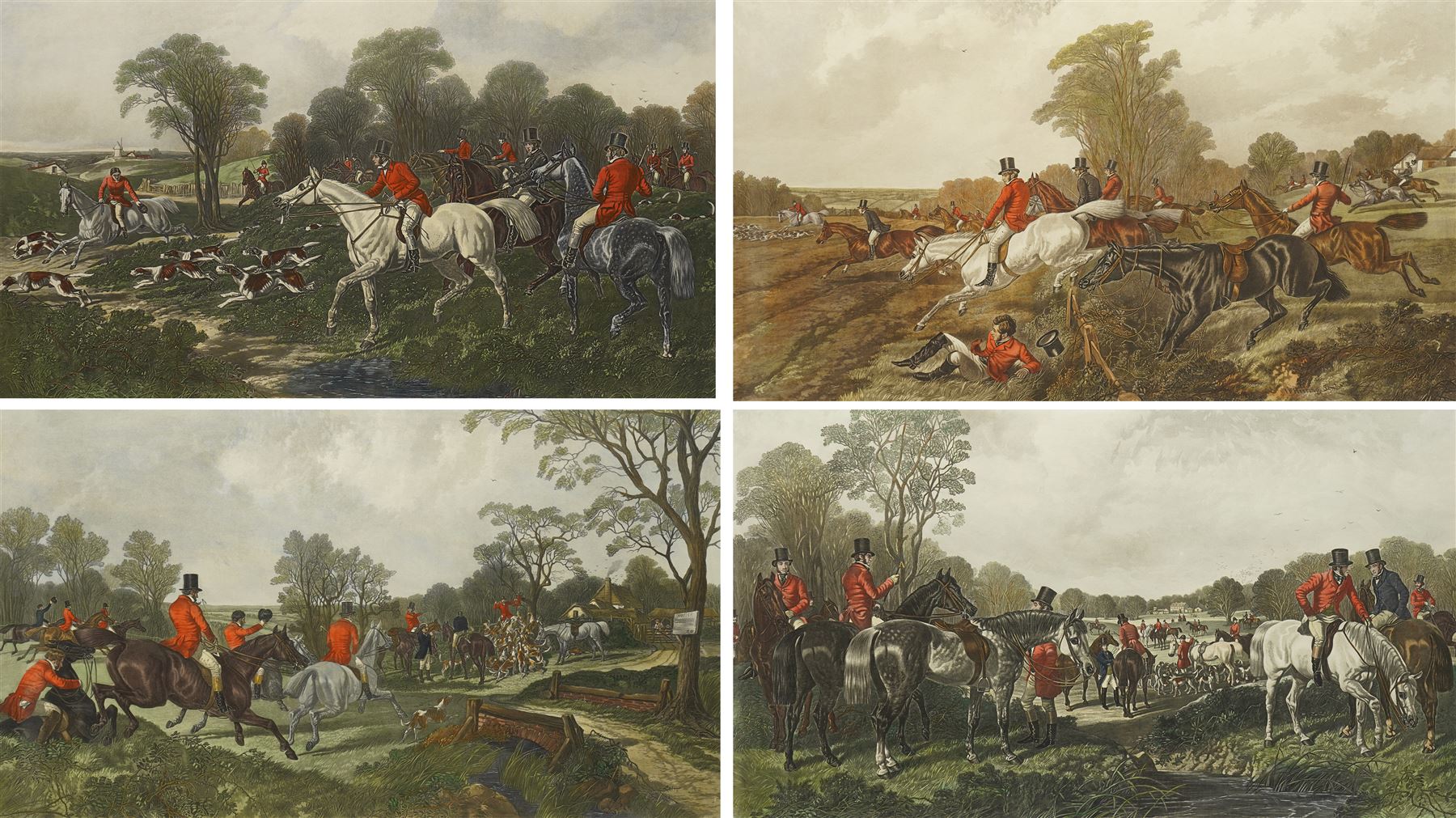 After John Frederick Herring Sr (British 1795-1865): 'Herring's Fox-Hunting scenes', set of four large engravings and aquatints with hand-colouring 57cm x 88cm (4)