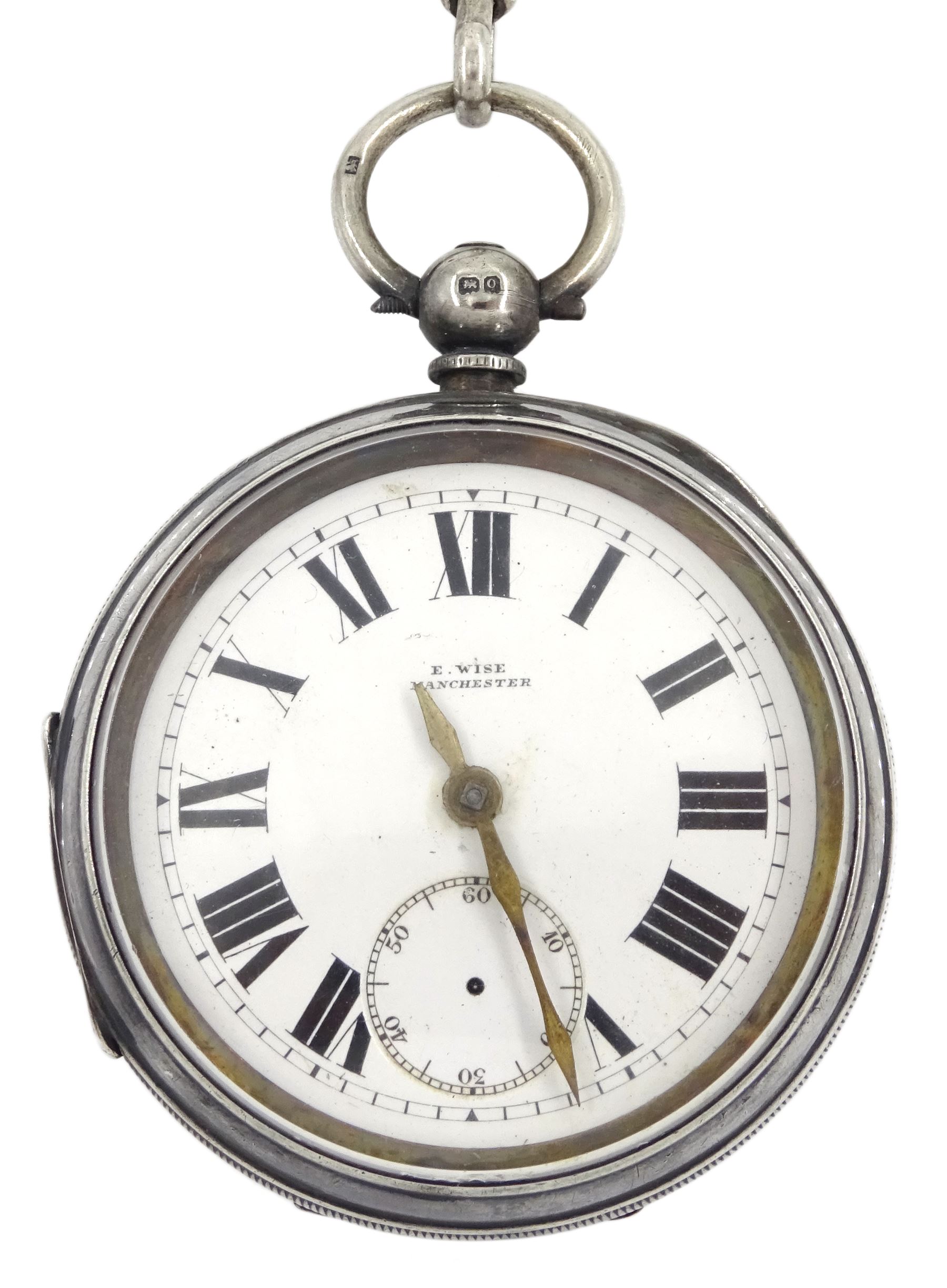 Early 20th century silver fusee lever pocket watch by E.Wise, Manchester, white enamel dial with Roman numerals, case by William Ehrhardt Ltd, Birmingham 1915, on silver Albert chain, each link hallmarked