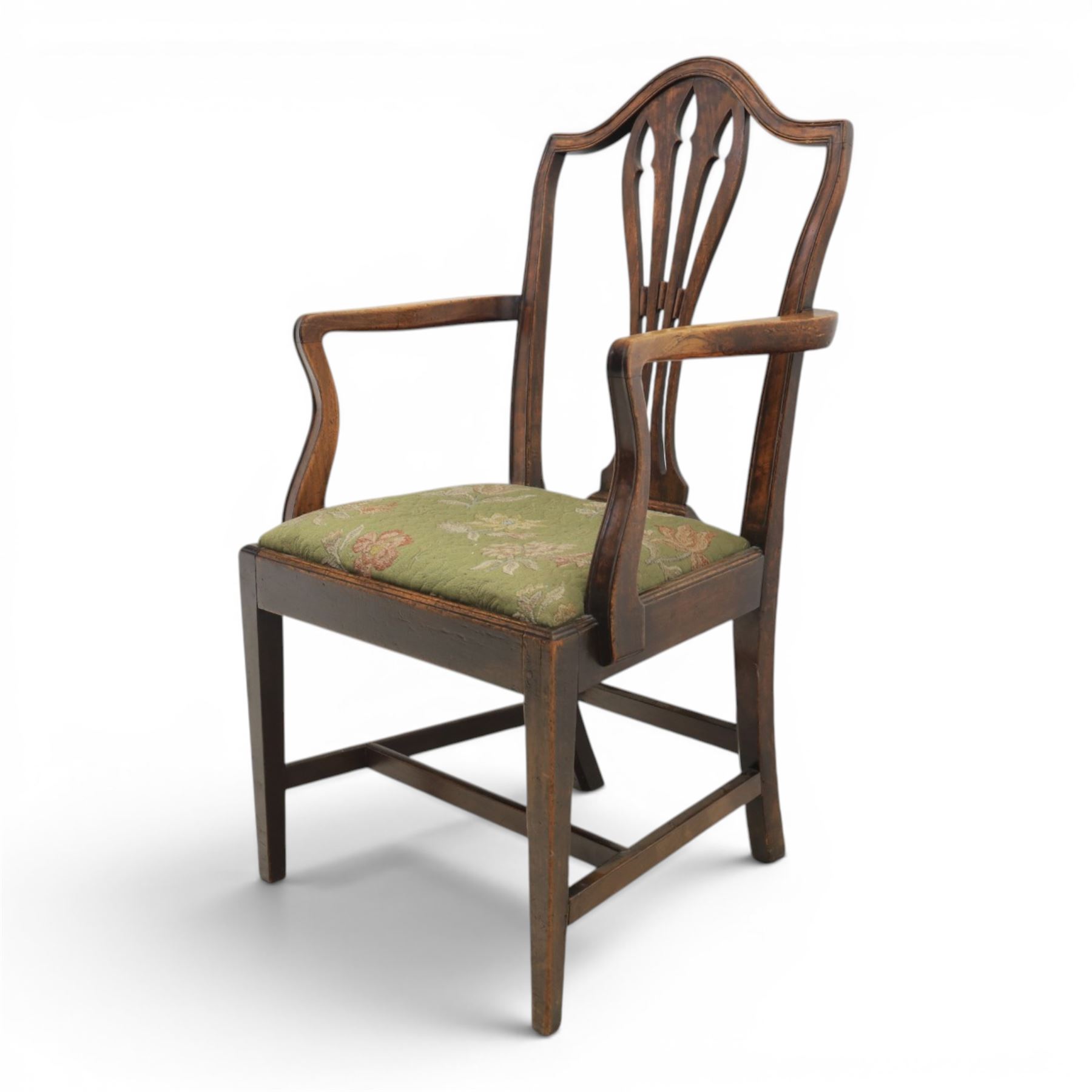 Early 20th century George III design mahogany open armchair, shaped cresting rail with pierced vase-form splat, curved open arms, stuff-over seat upholstered in green floral fabric, on square section supports