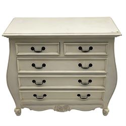 French design bombe shaped chest, moulded rectangular top over two short and three long drawers, on scrolled feet, in cream paint finish 
