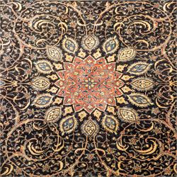 Large North West Persian Mahal hand-knotted carpet, central indigo field with a rosette medallion with an all-over design of scrolling vines and palmettes, framed by a brick red border of arabesques and flowerheads between sky blue and ivory guard stripes, with cotton fringe ends 