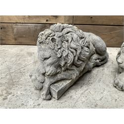 Pair of small cast stone sleeping Trafalgar Lions