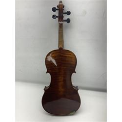 German trade violin c1900 with 35.5cm two-piece maple back and spruce top; bears label 'Made in Germany Apollo Class 6 No.2132' L59cm; in carrying case with two bows