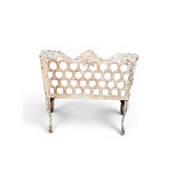 Victorian revival Carron Foundry design heavy cast iron two seat garden bench, scrolled arms with pierced lattice seat, finished in antique white paint