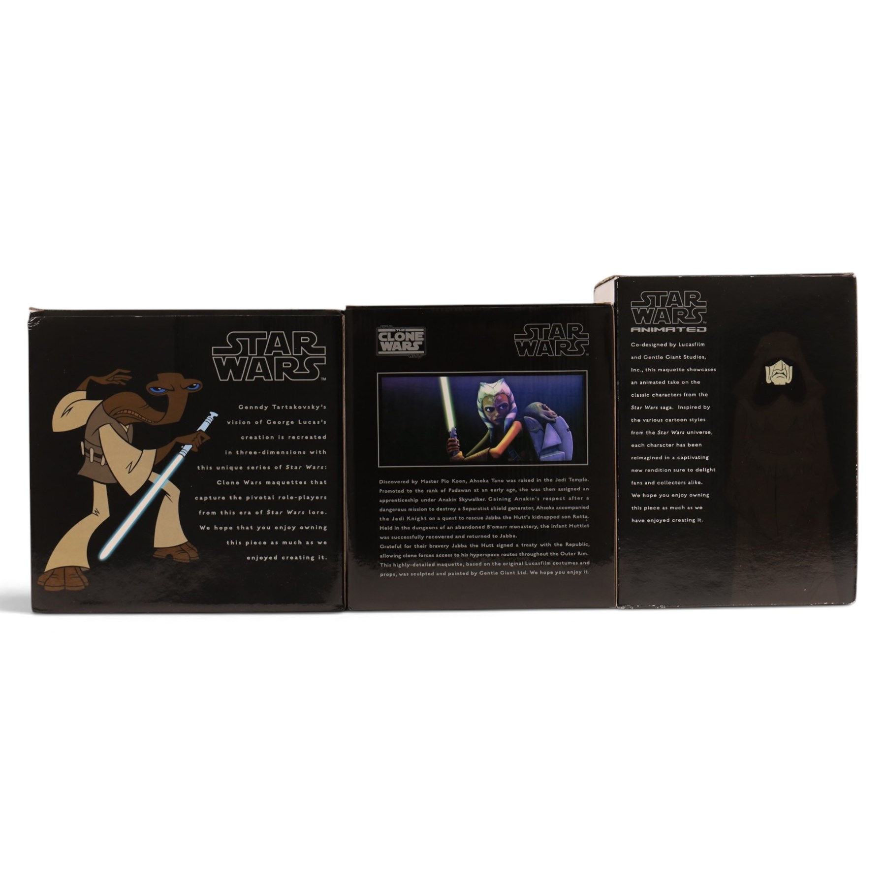 Three limited edition Gentle Giant Star Wars Animated Maquettes, comprising Emperor Palpatine, Clone Wars Roron Corobb and Clone Wars Ahsoka Tano with Rotta, all boxed 