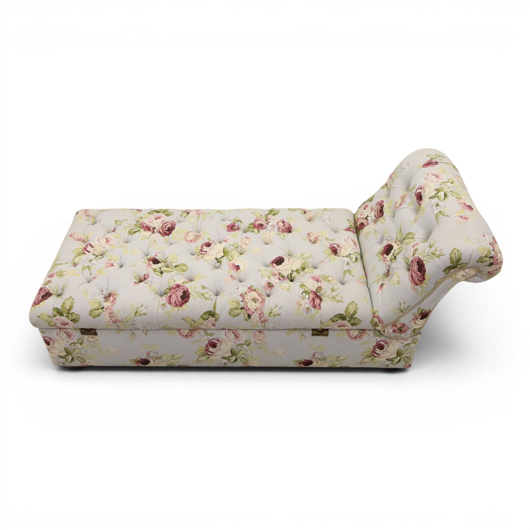 Traditional design scroll end chaise longue Ottoman, floral upholstered buttoned seat hinged to reveal a red lined interior, with reclining scroll end, raised upon squat bun feet
