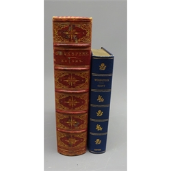  Knight, Charles : The Works of William Shakspere containing his Plays and Poems, pub 1866, full red calf gilt, Scott, Sir Walter : Woodstock, pub Frowde, 1908, b/w illust. decorative blue cloth, 2vols  