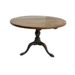 19th century mahogany pedestal table, circular tilt-top, raised on turned vasiform column with cabriole supports