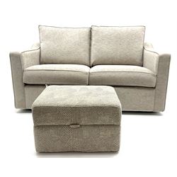 Two seat metal action sofa bed upholstered in a neutral fabric (W157cm) with storage stool (2)