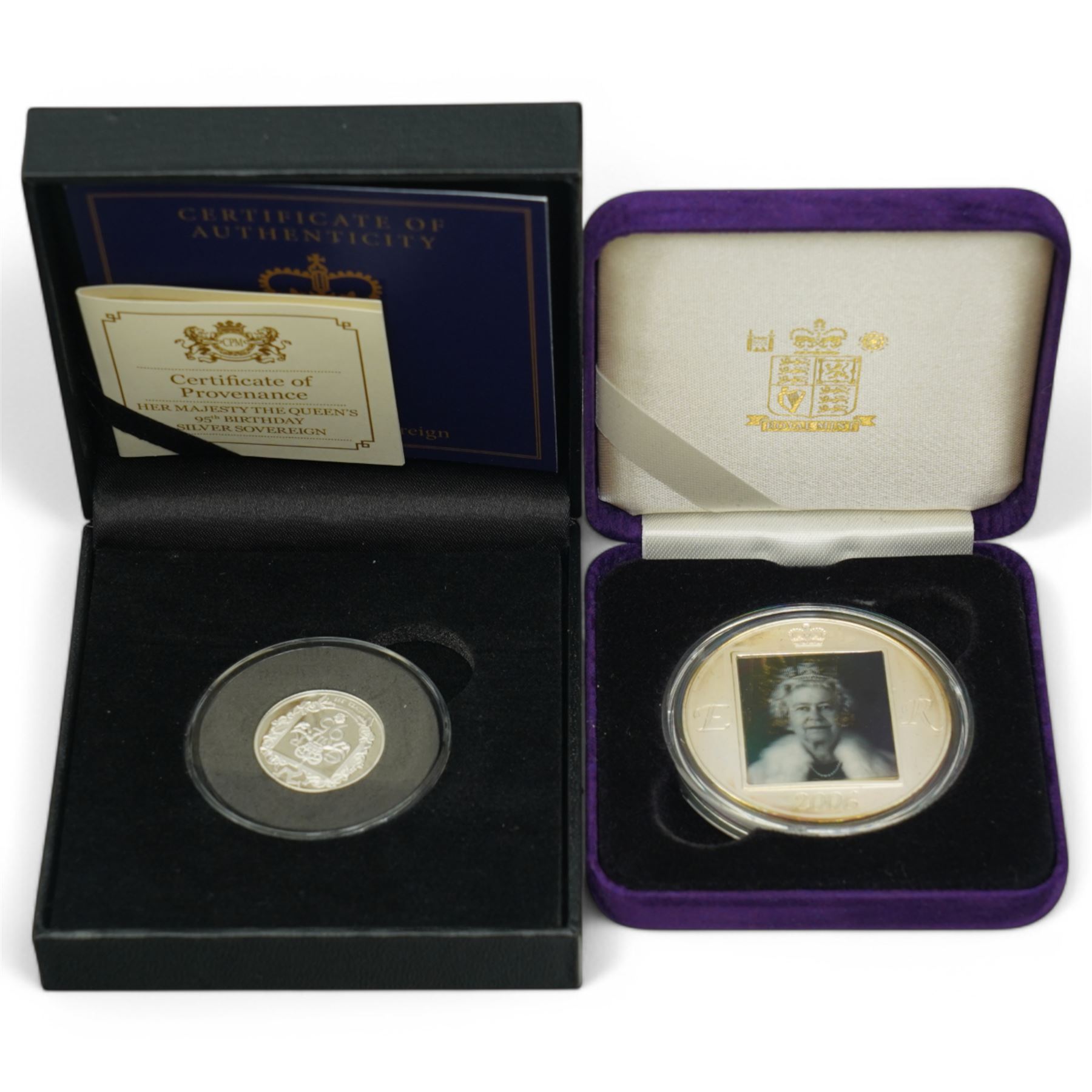 Queen Elizabeth II 'Silver Jubilee' hallmarked sterling silver commemorative stamp ingot, Channel Islands 2002 'The Duke of Wellington' silver three coin set, 2006 'The Queen's Eightieth Birthday Silver Lenticular Medal', Isle of Man 2021 'Silver Proof Sovereign', Danbury Mint 'The 2023 Early Issue Silver Britannia Change-of-Portrait Set', all cased with certificates and a facsimile newspaper etc