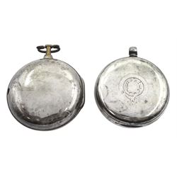 George III silver pair cased verge fusee pocket watch by W E Carter, Ripon, No. 2018, white enamel dial with Arabic numerals, pierced and engraved balance cock decorated with a mask, case by Thomas Gibbard, London 1802 and one other silver lever pocket watch, case by Robert John Pike, London 1874