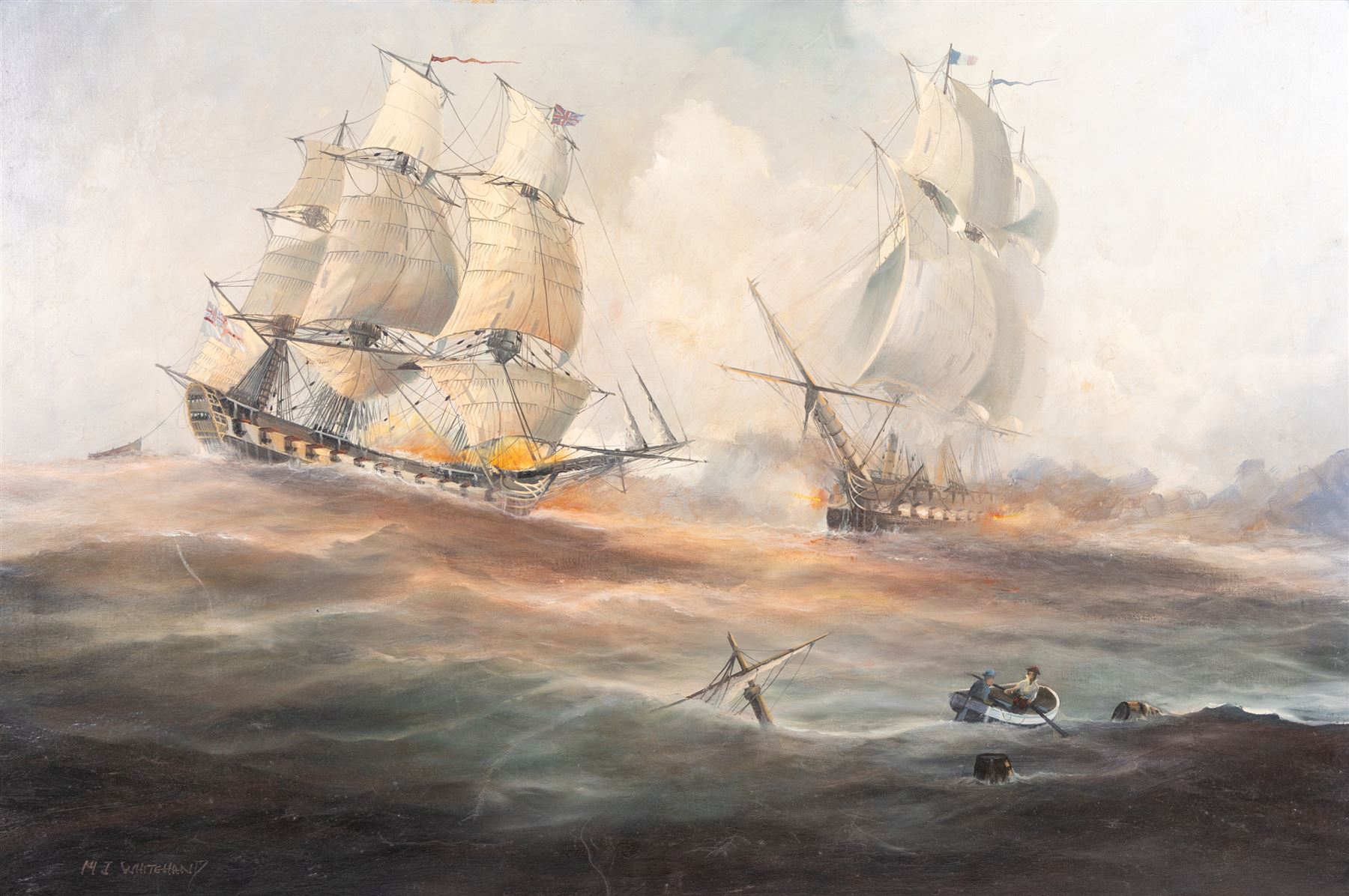 Michael J Whitehand (British 1941-): Naval Battle, oil on canvas signed 60cm x 90cm 