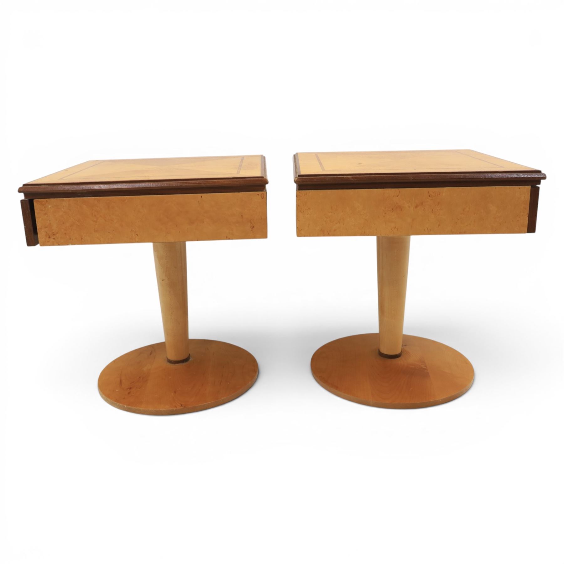 Art Deco style pair of walnut bedside tables, quarter matched veneered tops with crossbanded borders, fitted with single frieze drawers with chrome handles, on circular pedestal supports