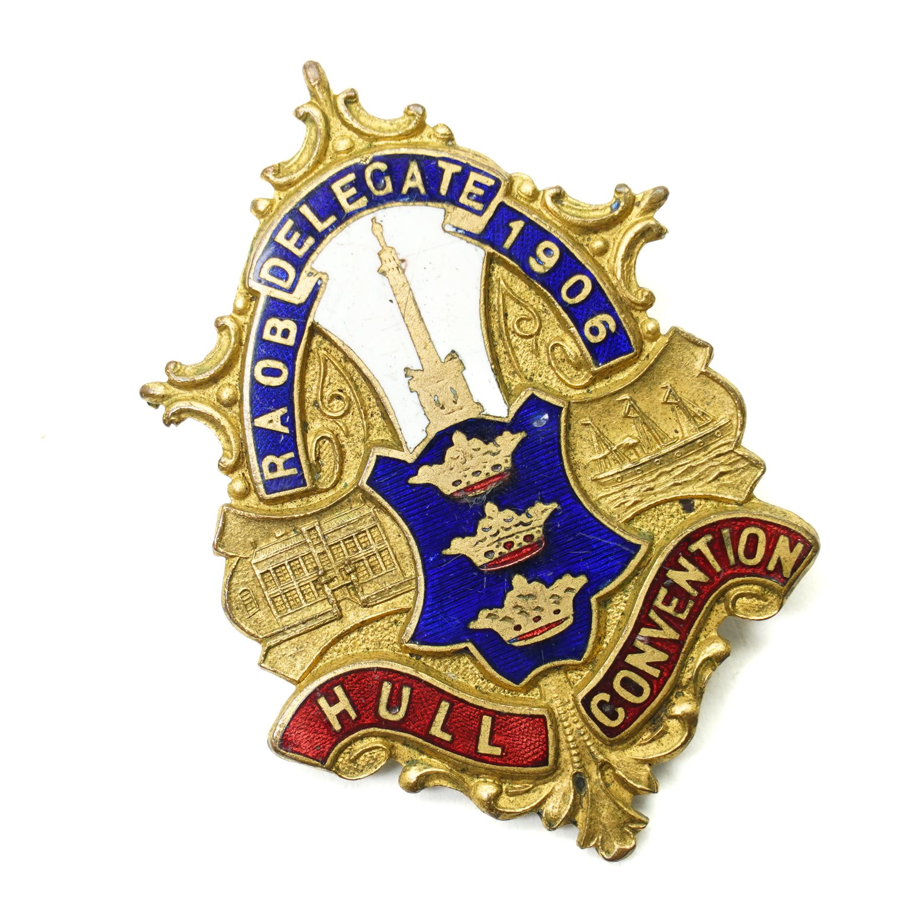 Early 20th century Royal Antediluvian Order of Buffaloes (RAOB) 9ct gold enamel jewel presented to Bro. W. Flood by the Earl of Essex Lodge and another in gilt metal and enamel marked Hull Convention 1906 (2)