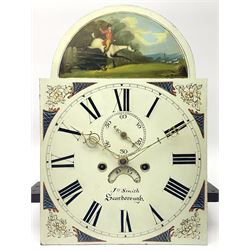 Early 19th century clock dial and movement, the enamel Roman dial painted with hunting scene, subsidiary seconds dial and calendar aperture, signed 'Jno (John) Smith, Scarborough', eight day movement striking on bell, with two weights and pendulum 