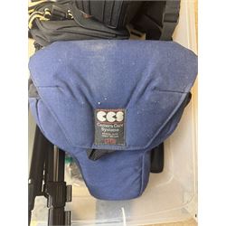 Collection of cameras and camera equipment, including Voigtlander Vitomatic I, Nikon Coolpix P340, Nikon Coolpix S9100, Olympus SP-510UZ, tripod, cases, etc