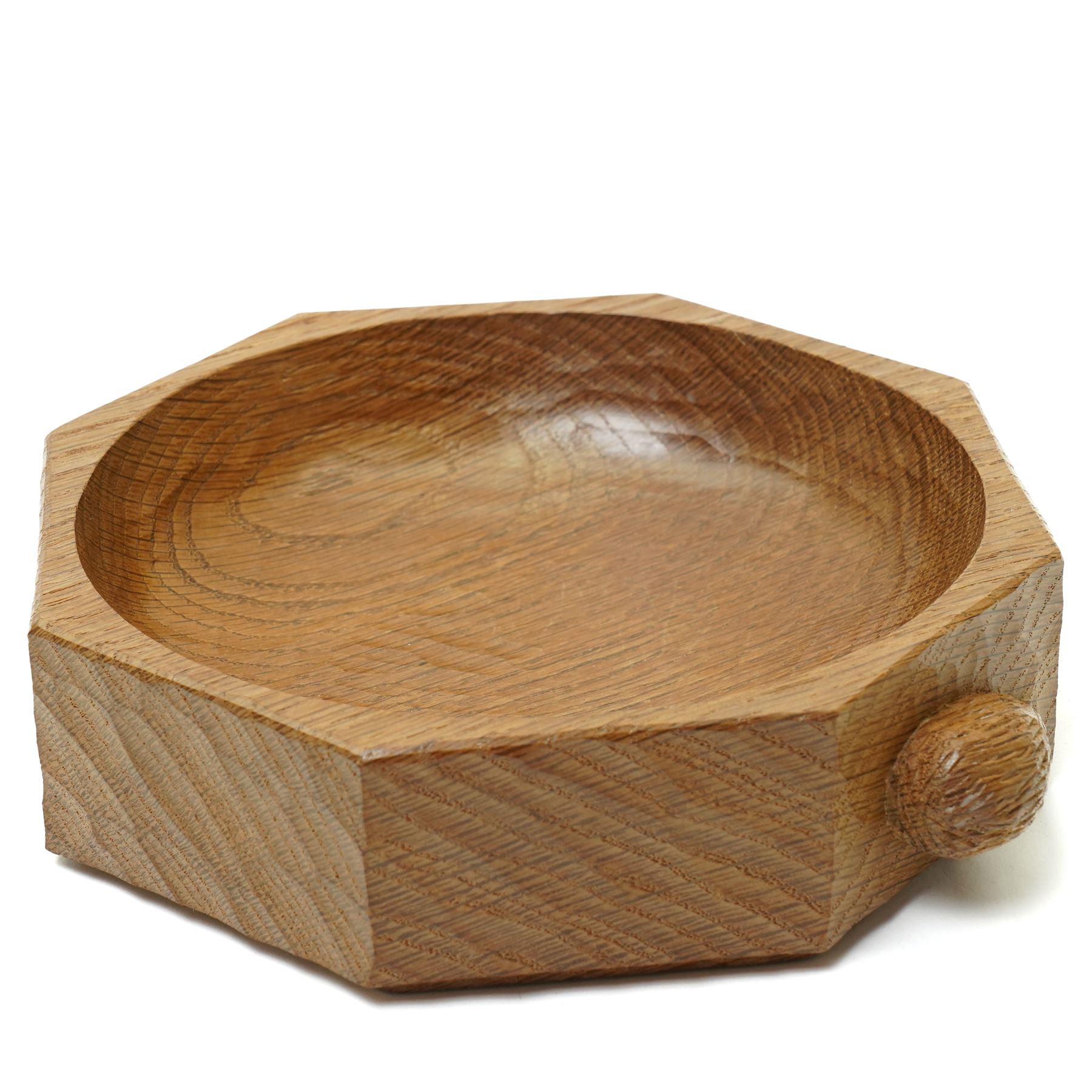 Hedgehogman - oak adzed octagonal bowl, on short foot, with carved hedgehog signature, by Nick Hill of Northallerton