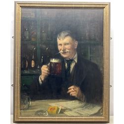 Frederick (Fred) William Elwell RA (British 1870-1958): Portrait of a Moustachioed Gentleman with a Pint of Beer and a Cigarette, oil on board unsigned 89cm x 68cm 
Provenance: from The Bell Hotel, Driffield; purchased Bonhams 20th January 2004 Lot 114