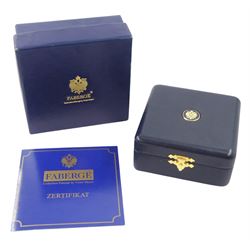 Victor Mayer for Fabergé 18ct gold pendant, guilloche blue enamel circular locket set with a single round brilliant, with a diamond set bail, stamped 750, boxed with certificate
