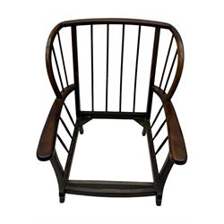 Joynson Holland - pair of mid-20th century stained beech framed easy chairs, shaped back and flat armrests over floral tapestry cushioned seat and back, on splayed supports united by stretcher