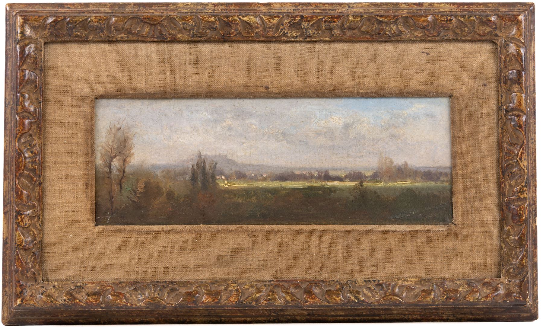 Circle of Jean-Baptiste-Camille Corot (French 1796-1875): View of a Distant Mountain, oil on canvas bearing signature, inscribed verso 'From the collection of Alexandre Dumas, Fils. Mrs W.D. Harbison of Jersey, a relative of Alexandre Dumas, Fils.' 8.5cm x 23cm 