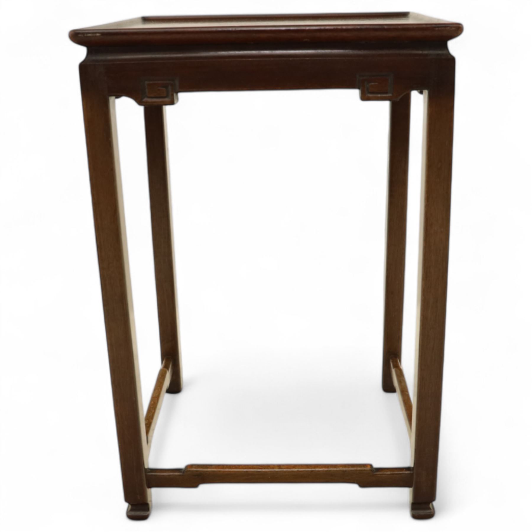 Whytock & Reid, Edinburgh  - Edwardian nest of three Chinese-style solid mahogany occasional tables, rectangular top with finely moulded edge above slim square section legs with subtly chamfered inner edges, joined by H-shaped stretchers, largest W40xD33xH52cm
