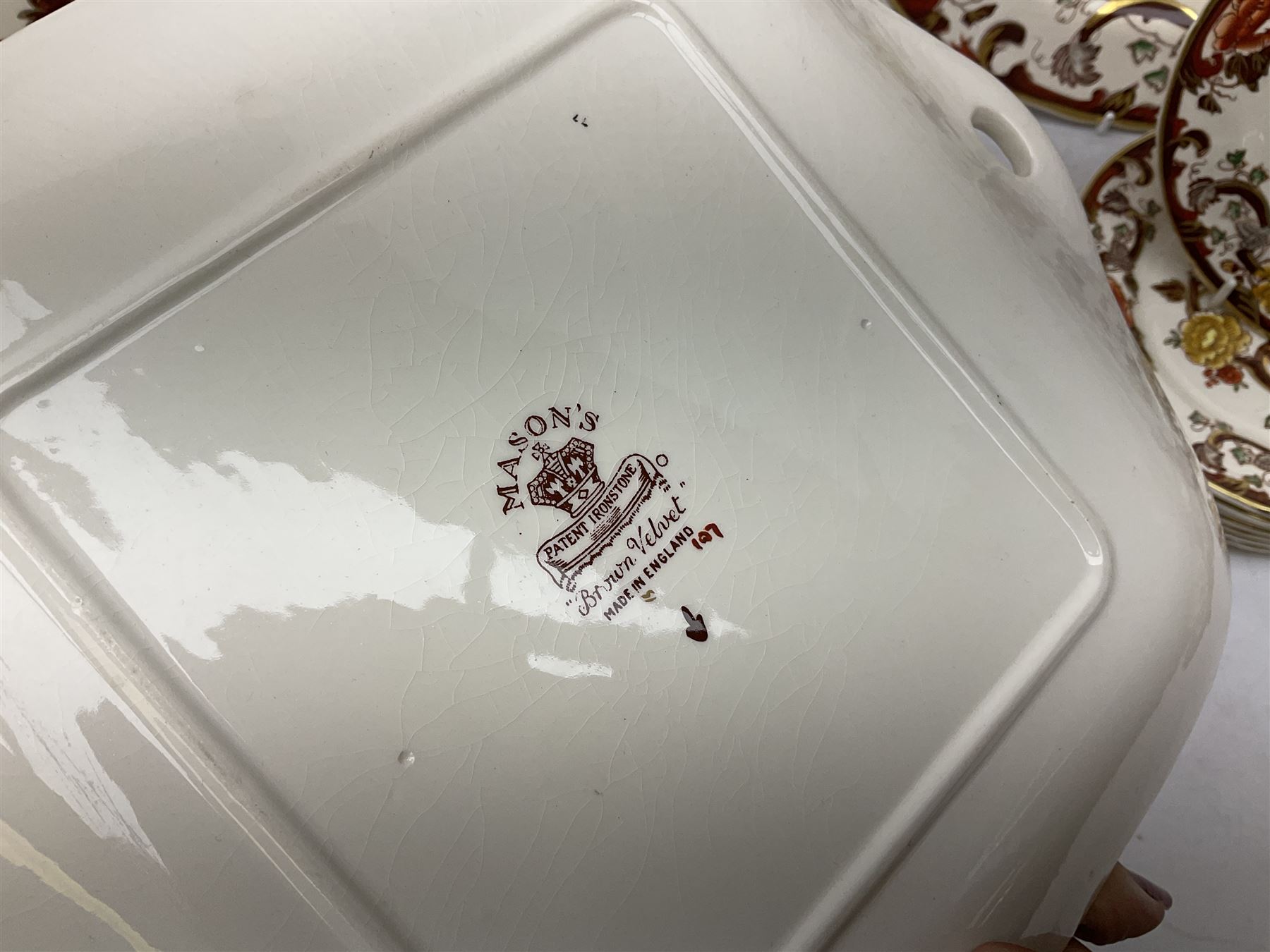 Masons Brown Velvet pattern tea and dinner wears, to include eight dinner plates, eight twin handled soup bowls and saucers, eight tea cups and saucers, cheese cover and plate, jug, meat platter etc (84)  