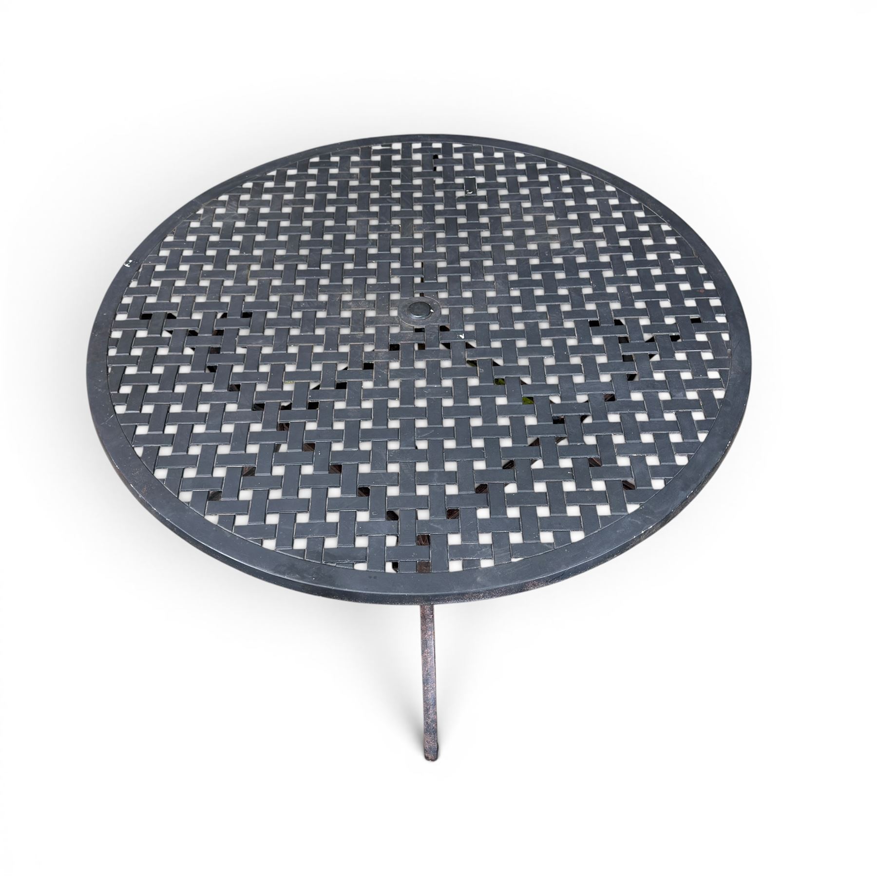 LeisureGrow - cast aluminium circular garden table, lattice design top, black finish; and six matching chairs with openwork back, complete with seat cushions and adjustable parasol