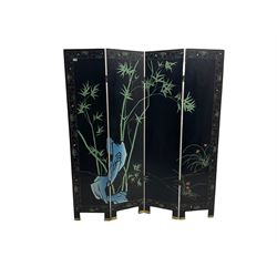 Chinese four panel folding screen, black lacquered with painted decoration