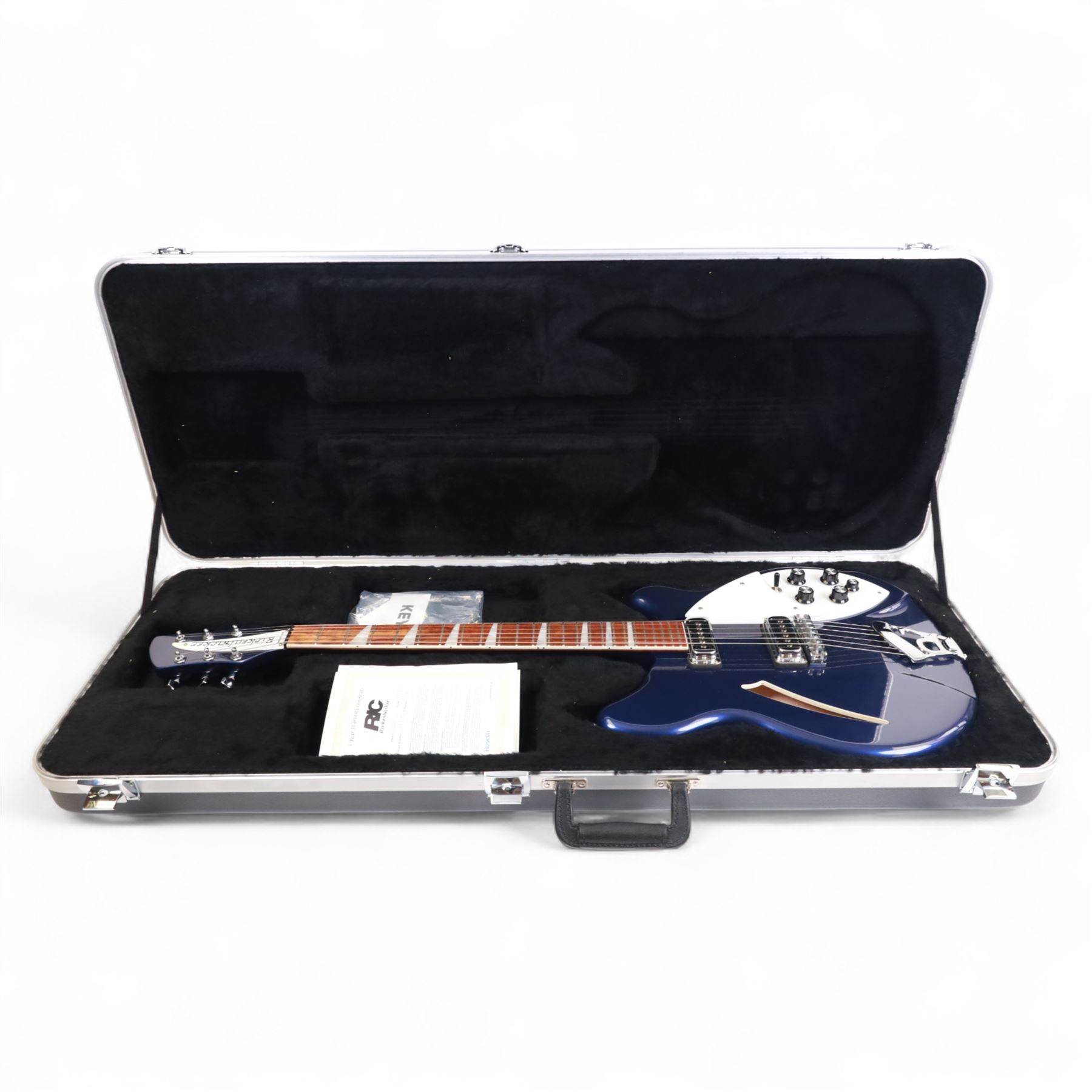 Rickenbacker model no. 360 six string electric guitar, in midnight blue finish, serial no. 33793 made in USA, circa 2017, in Rickenbacker fitted hard case with plush black interior, guitar L100cm
