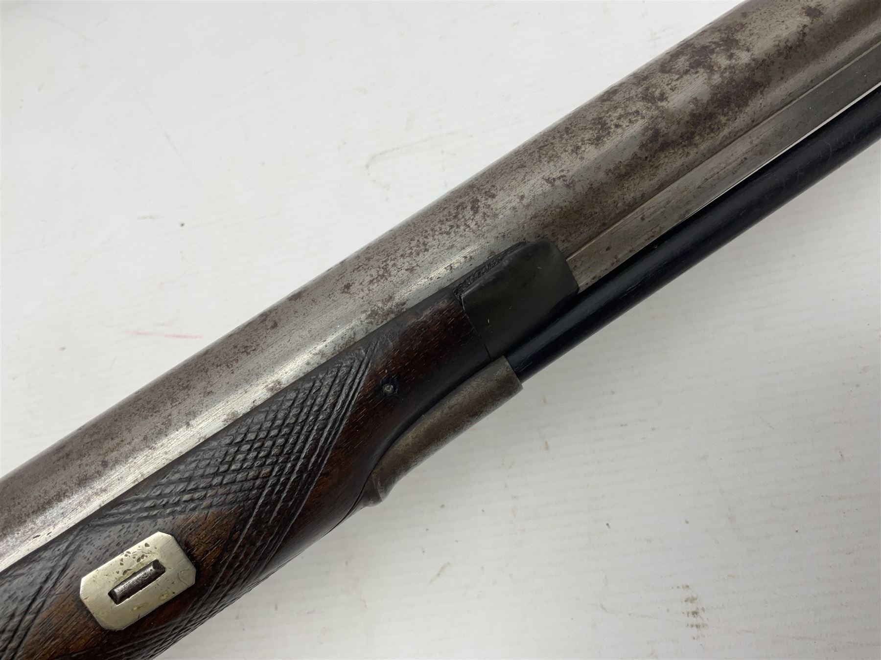 19th century take down 'cripple stopper' single barrel percussion gun, removable walnut stock with bayonet style fitting, chequered grip and fore-end, approximately 8-bore, the 59.5cm (23