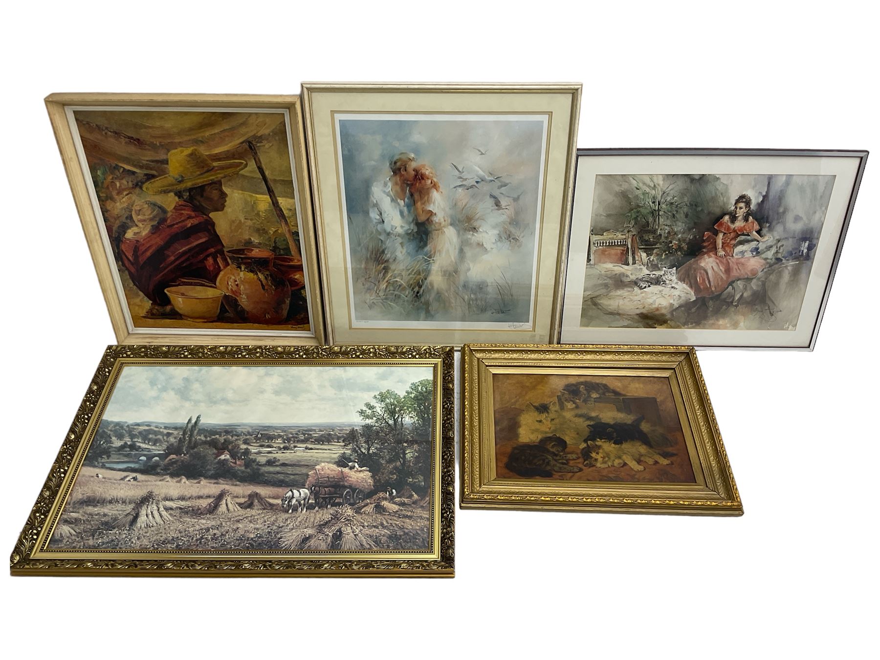 Gordon King print, oleograph of kittens, and three further prints (5)