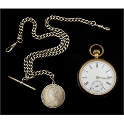 Early 20th century 9ct gold open face keyless lever pocket watch, stamped 9K, with an Edwardian graduating silver Albert chain, Birmingham 1901, with soldered Queen Victoria India silver one rupee coin