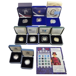United Kingdom 1994 brilliant uncirculated coin collection and nine silver proof coins including 1999 'Rugby World Cup' two pound coin, 2001 'Wireless Bridges the Atlantic Marconi 1901', two one pound coins etc