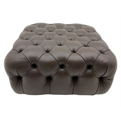 Square footstool, upholstered in brown buttoned leather