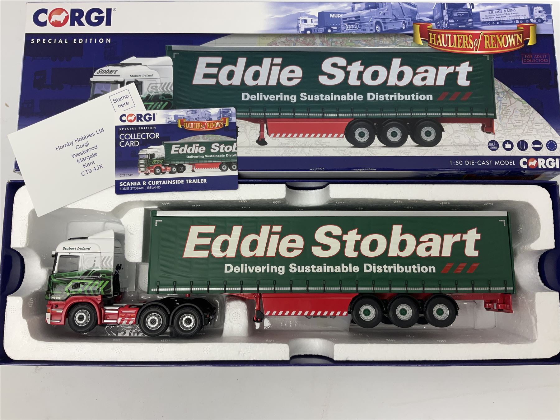 Corgi Eddie Stobart - two Special Edition Hauliers of Renown lorries; CC13749 Scania R Curtainside Trailer and CC15508 Volvo F10 Curtainside; and limited edition Hauliers of Renown CC13801 Mercedes-Benz Actros Fridge Trailer; all boxed (3)