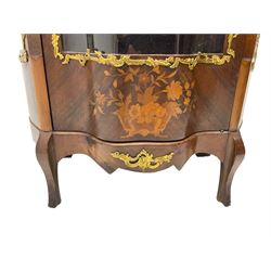 19th century French kingwood vitrine or display cabinet, decorated with applied foliate cast band, serpentine glazed door and sides, inlaid with marquetry decoration of floral bouquets and branches, cartouche mounts to the apron, raised on cabriole supports