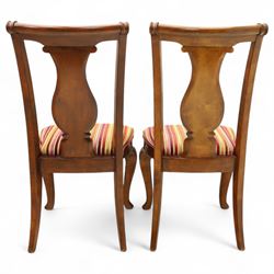 Willis & Gambier - mahogany extending dining table, rectangular top with rounded corners on cabriole legs, with two 35cm extension leaves, four Willis & Gambier upholstered high back chairs and four mahogany chairs, upholstered in a stripped multi-coloured velvet fabric, with scroll-shaped top rail, lyre-shaped back splat on cabriole legs, chairs W46xD91x97cm (11) 