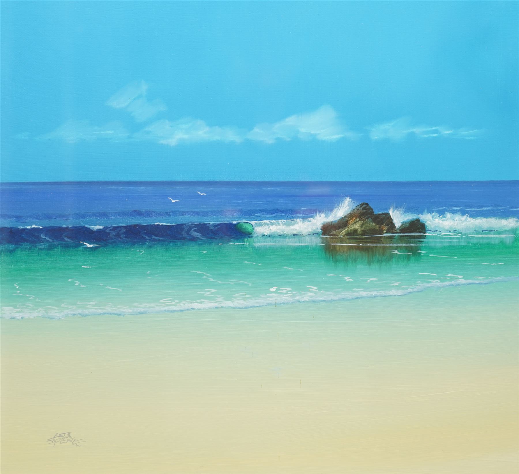 Les Spence (British 1934-): Blue Sky Seascape, oil on board signed 40cm x 40cm