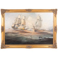 Michael J Whitehand (British 1941-): Naval Battle, oil on canvas signed 60cm x 90cm 