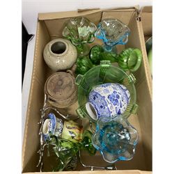 Early 20th century and later coloured glassware, including bowls and vases, a twin handled ceramic drip glaze vase and a collection of other glassware and ceramics, in three boxes