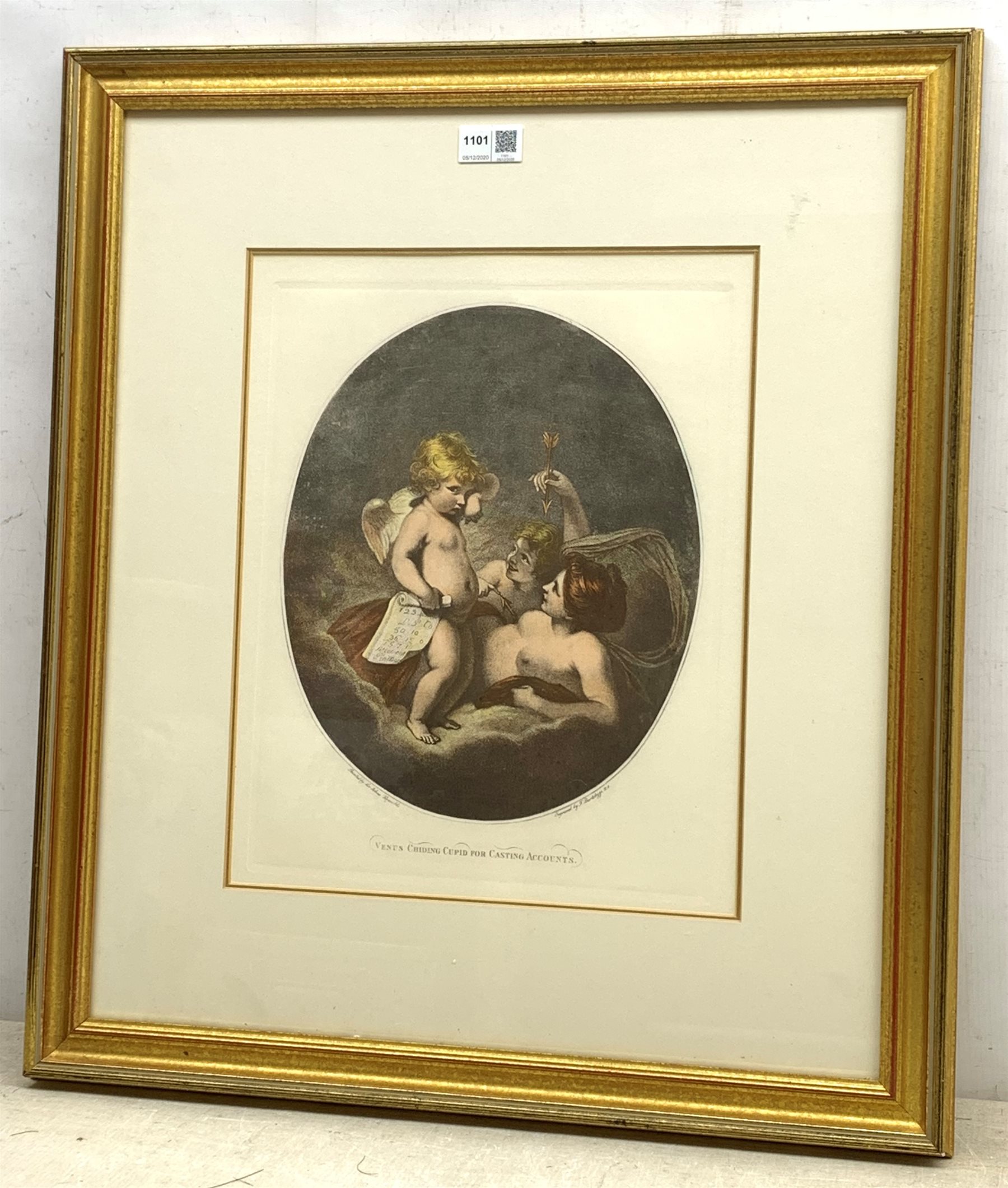 F Bartolozzi after Joshua Reynolds: 'Venus Chiding Cupid for Casting Accounts', 20th century coloured engraving  pub. Thomas Ross collection 38cm x 30cm