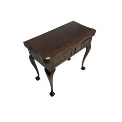 19th century mahogany side or tea table, shaped fold-over top above two drawers, cabriole supports with ball and claw carved feet