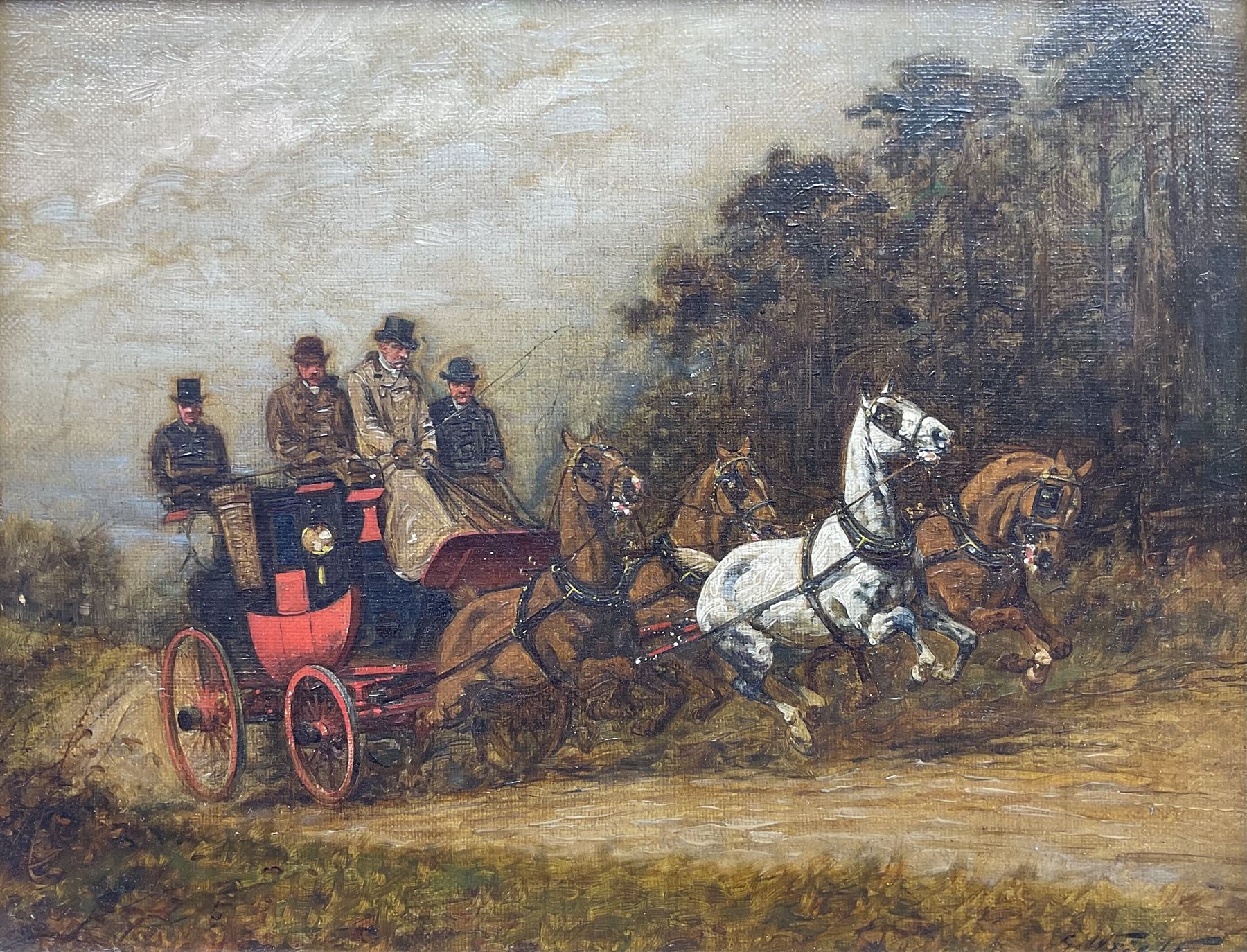 George Wright (British 1860-1942): The Stagecoach, oil on canvas signed 18cm x 24cm
