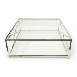 Modern chrome and glass coffee table, square plate glass top on polished chrome frame, the sides formed with X-frame stretchers, raised on square supports with lower glass tier